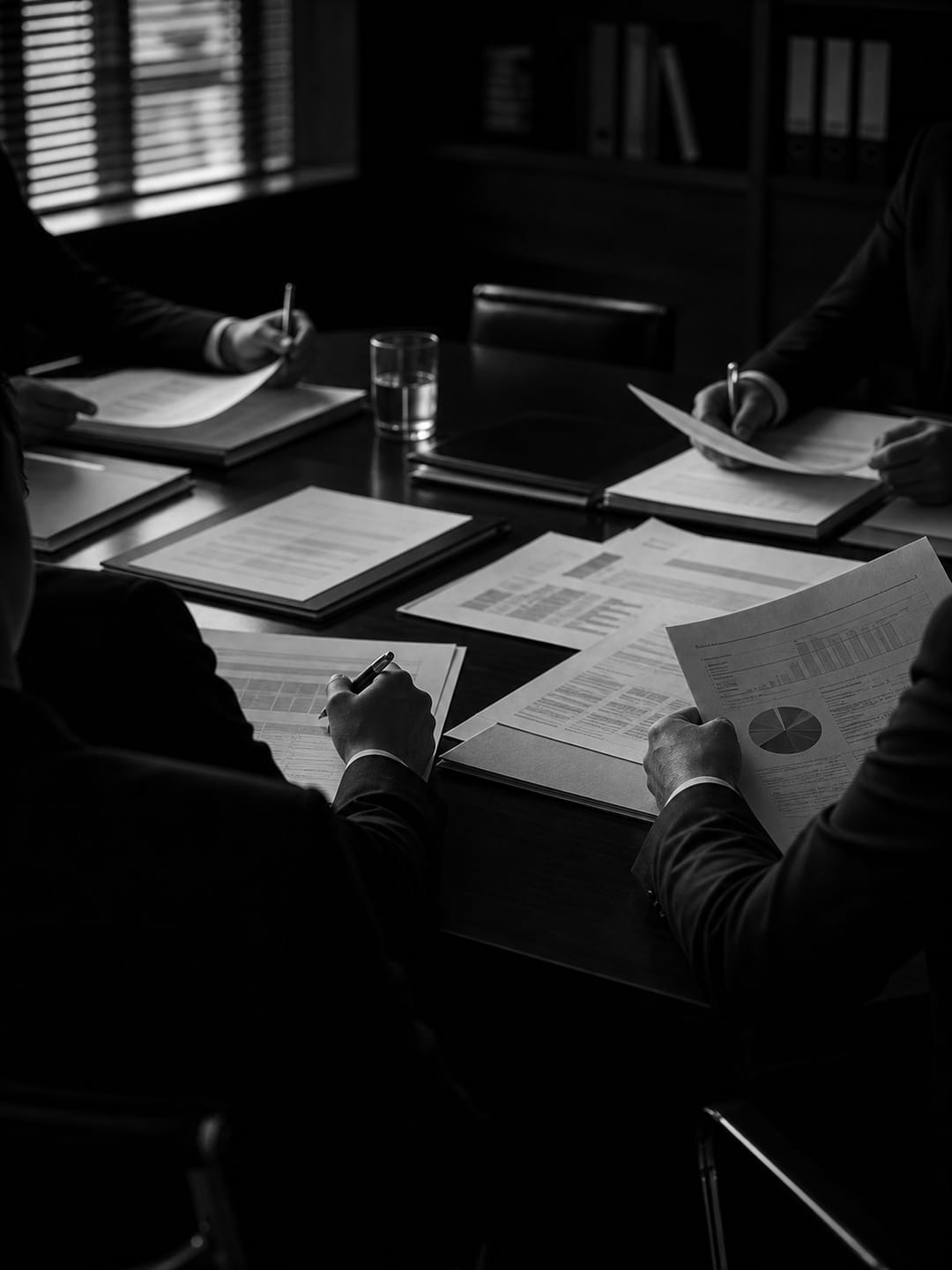 Equipo de trabajo revisando documentos fiscales y financieros.
